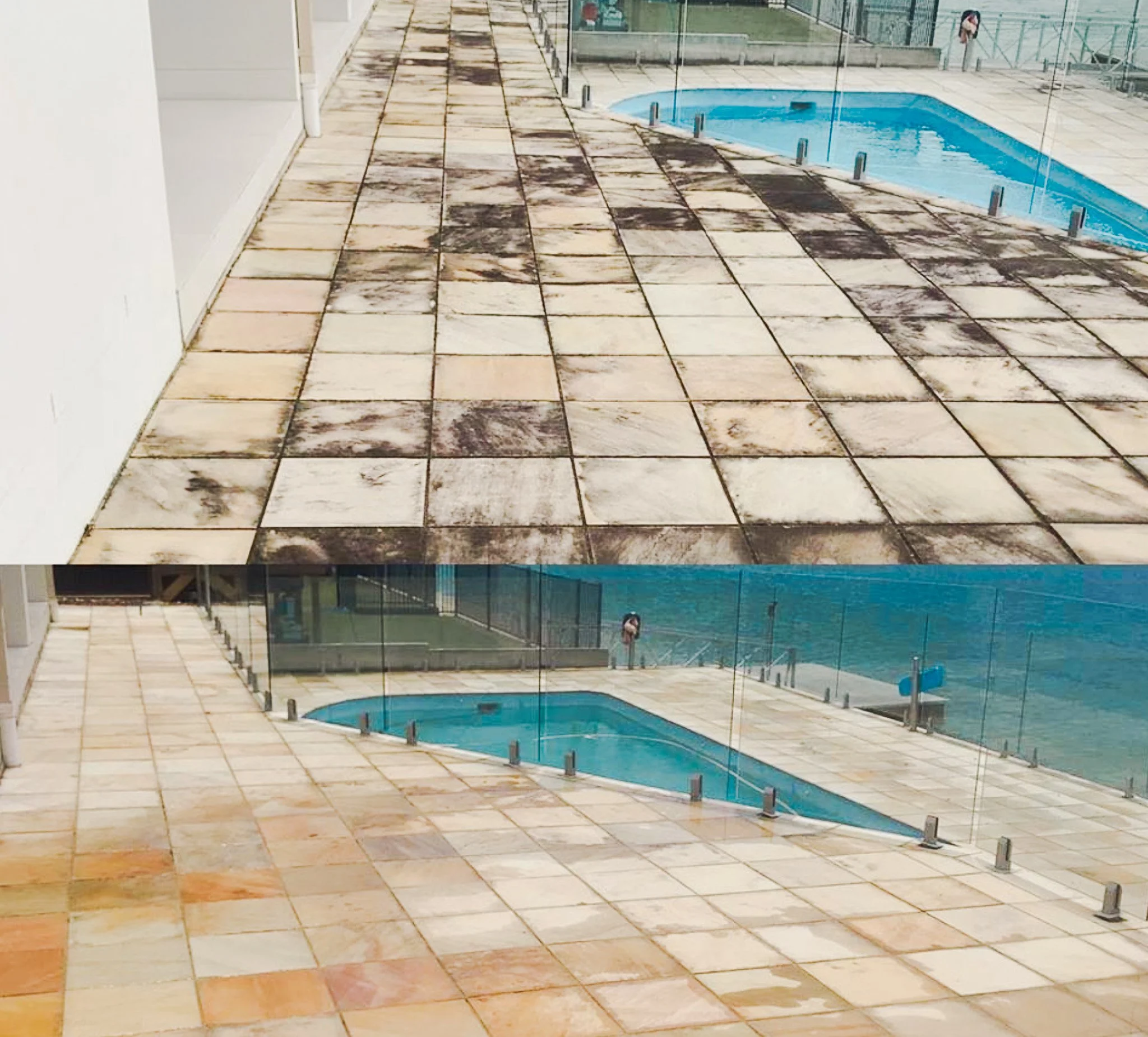 Blackmore's Pressure and Window Cleaning - Before and After shot of outdoor patio with tiled flooring poolside of residential job