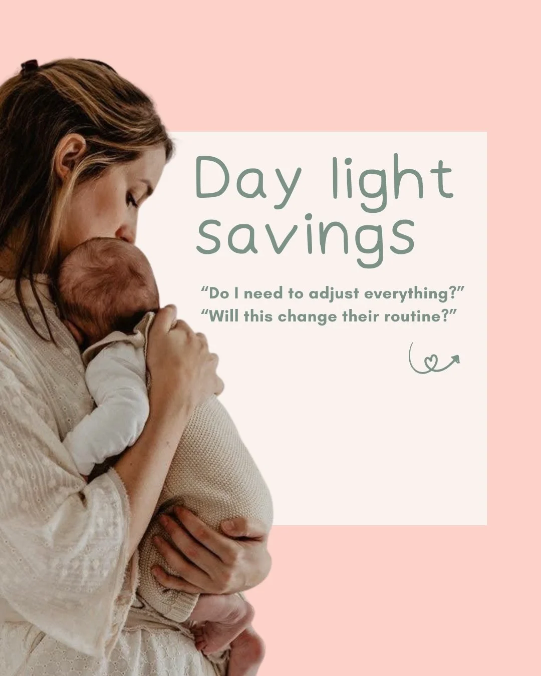 Next weekend is daylight savings!! 

Whatever approach you want to do with timing, the biggest factors that will help get Bub on track with new timing is:

🌞 Morning light after wake up
🥣 A big feed or breakfast to kick off the day
🛌 Consistent wi