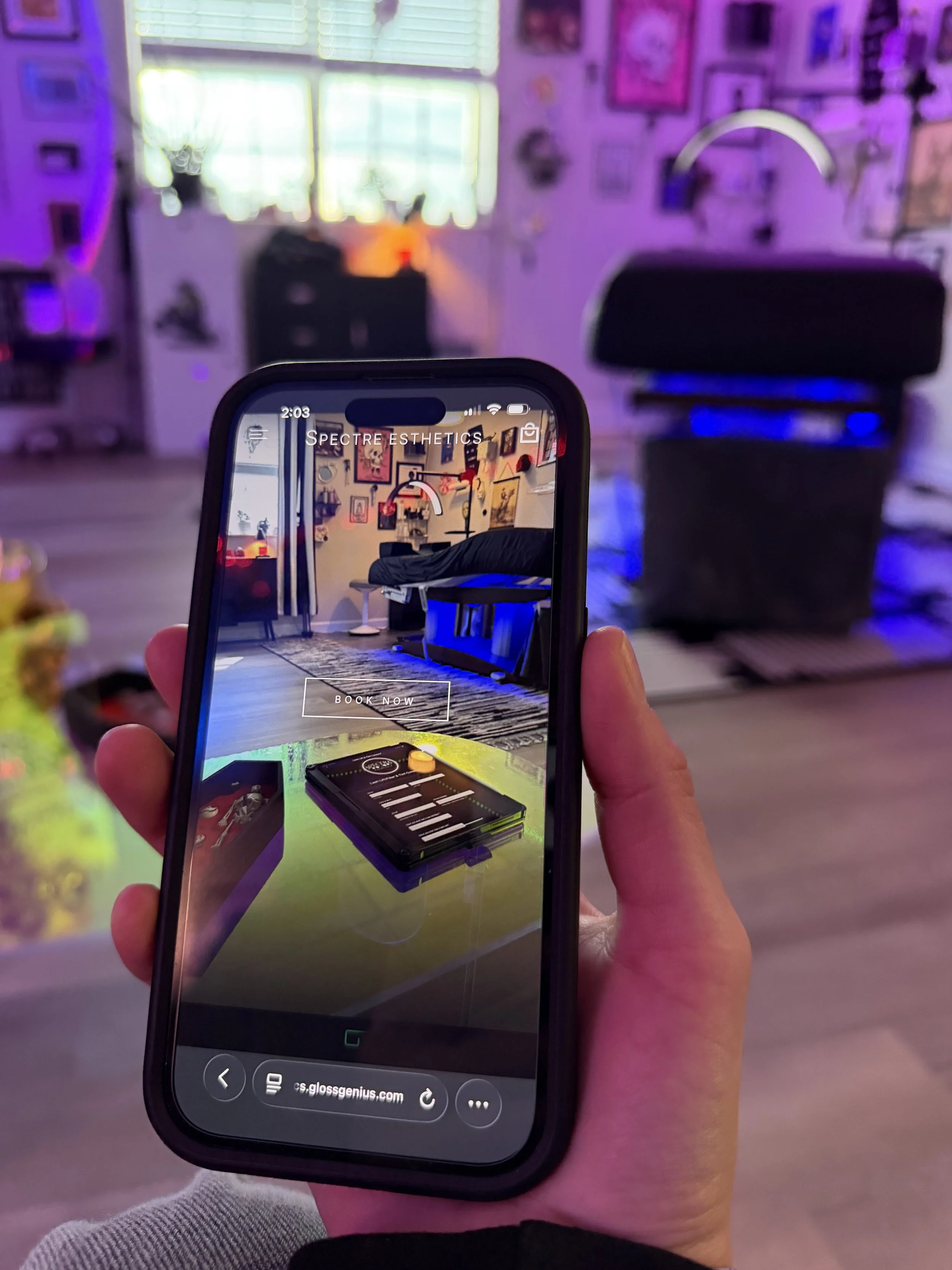 phone screen showing spectre esthetics book now page with colorful treatment room background