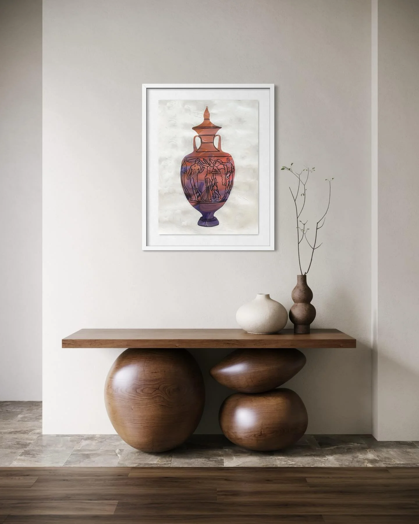 Autumn Vessel

Acrylic painting on paper, framed in white painted oak and art glass 

86 &times; 64.5cm 

This artwork reimagines a Greek prize amphora, historically awarded to victors of the Panathenaic Games in ancient Athens. The work features an 