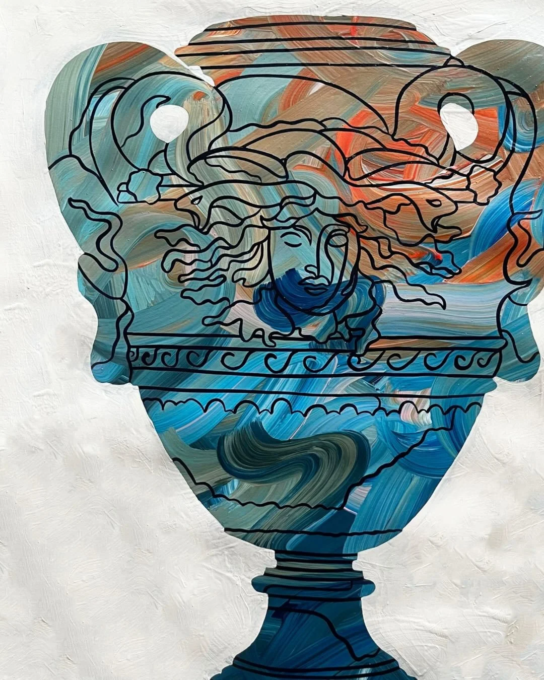 Winter Vessel
Acrylic on paper, framed in white painted oak with art glass. 
86x64.5cm

This antique amphora is distinguished by its dramatic handles formed as coiled serpents and a powerful central motif of Medusa&rsquo;s head sculpted into the vess