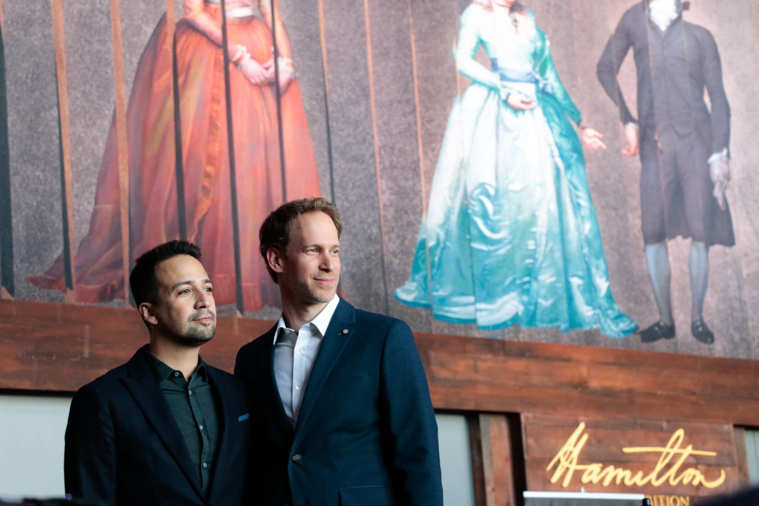 Lin Manuel Miranda and David Korins at The Hamilton Exhibition press conference, April 26, 2019. Photo by Mary Crylen.jpeg