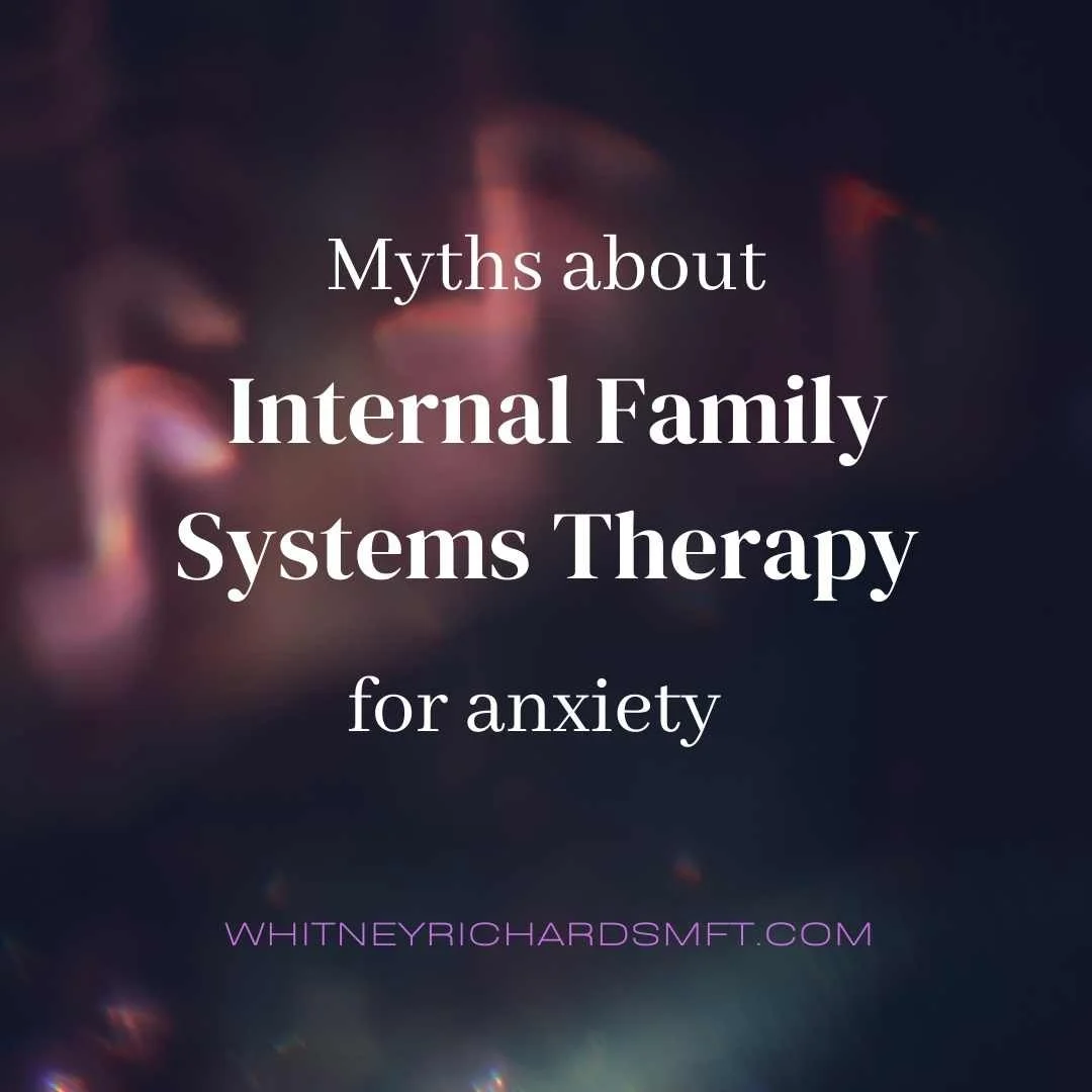 Blurry pink lights and black background with text: Myths about Internal Family Systems Therapy for Anxiety