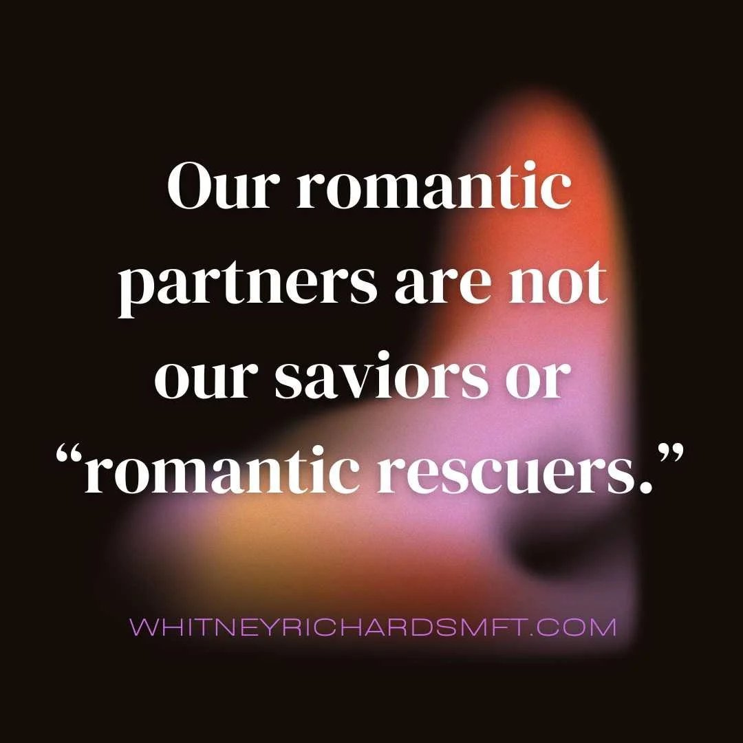 Blurry red, pink, yellow abstract shape with black background and text: Our romantic partners are not our saviors or "romantic rescuers." Area codes for San Francisco IFS therapy: 94122, 94116, 94117, 94143, 94110