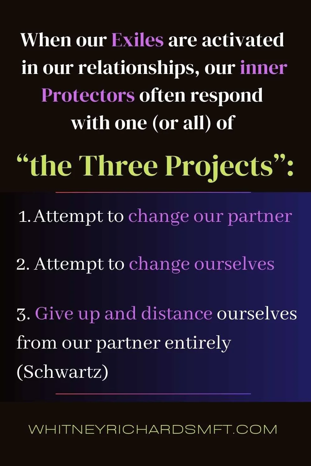 Infographic listing The 3 Projects of protectors when exciled parts are activated in relationships. Area codes for San Francisco IFS therapy: 94122, 94116, 94117, 94143, 94110