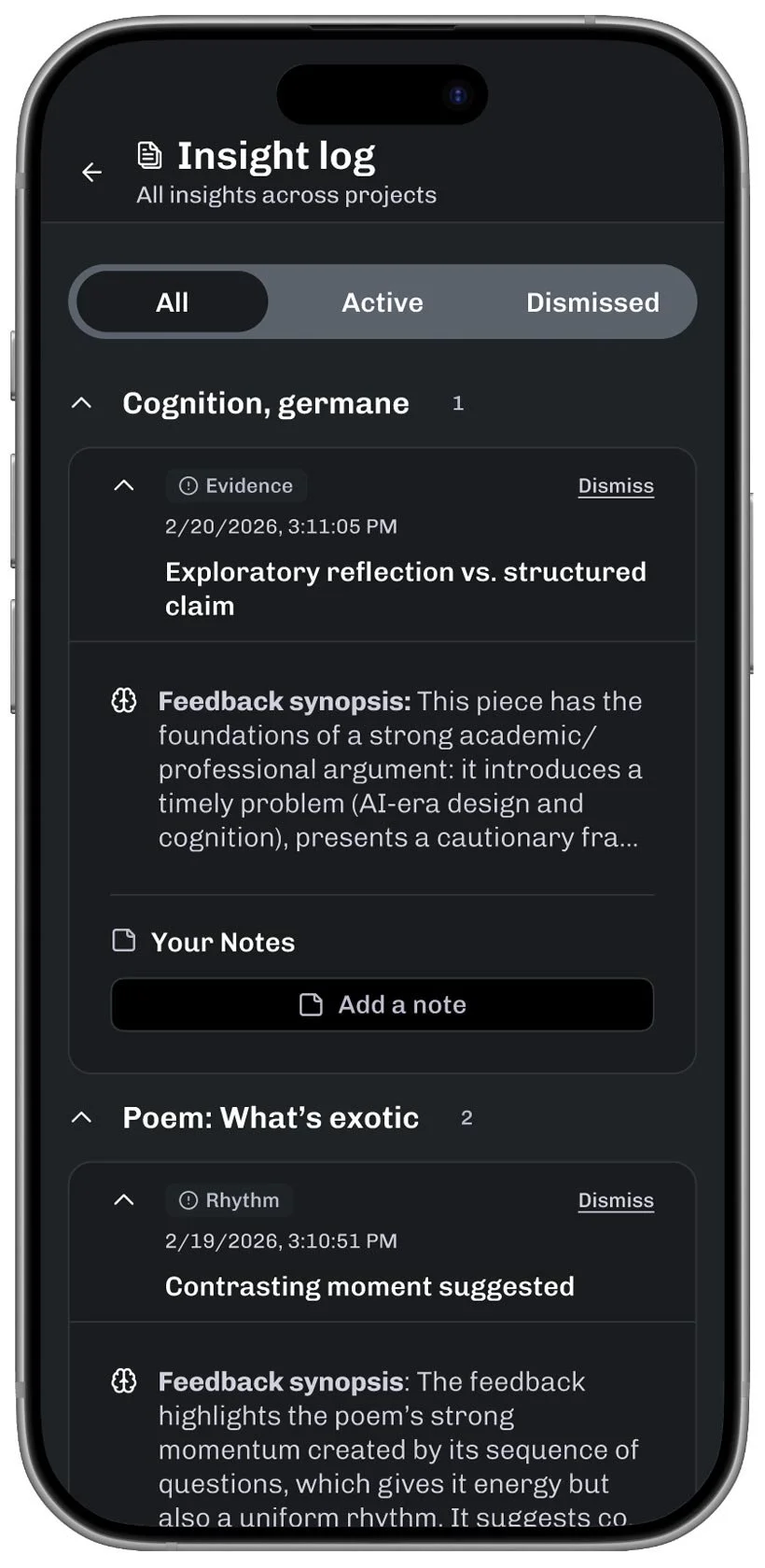 Mobile screen showing a history of feedback to the writer's project. There is space for the writer's notes and options to dismiss an item from the list.