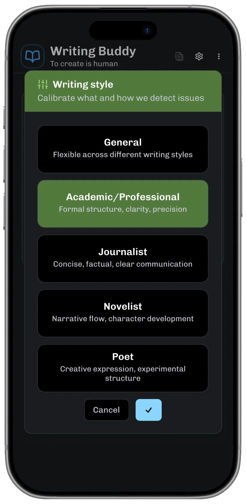 Overlay shows a list of writing styles to choose from, including General, Academic/Professional, Journalist, Novelist, and Poet.