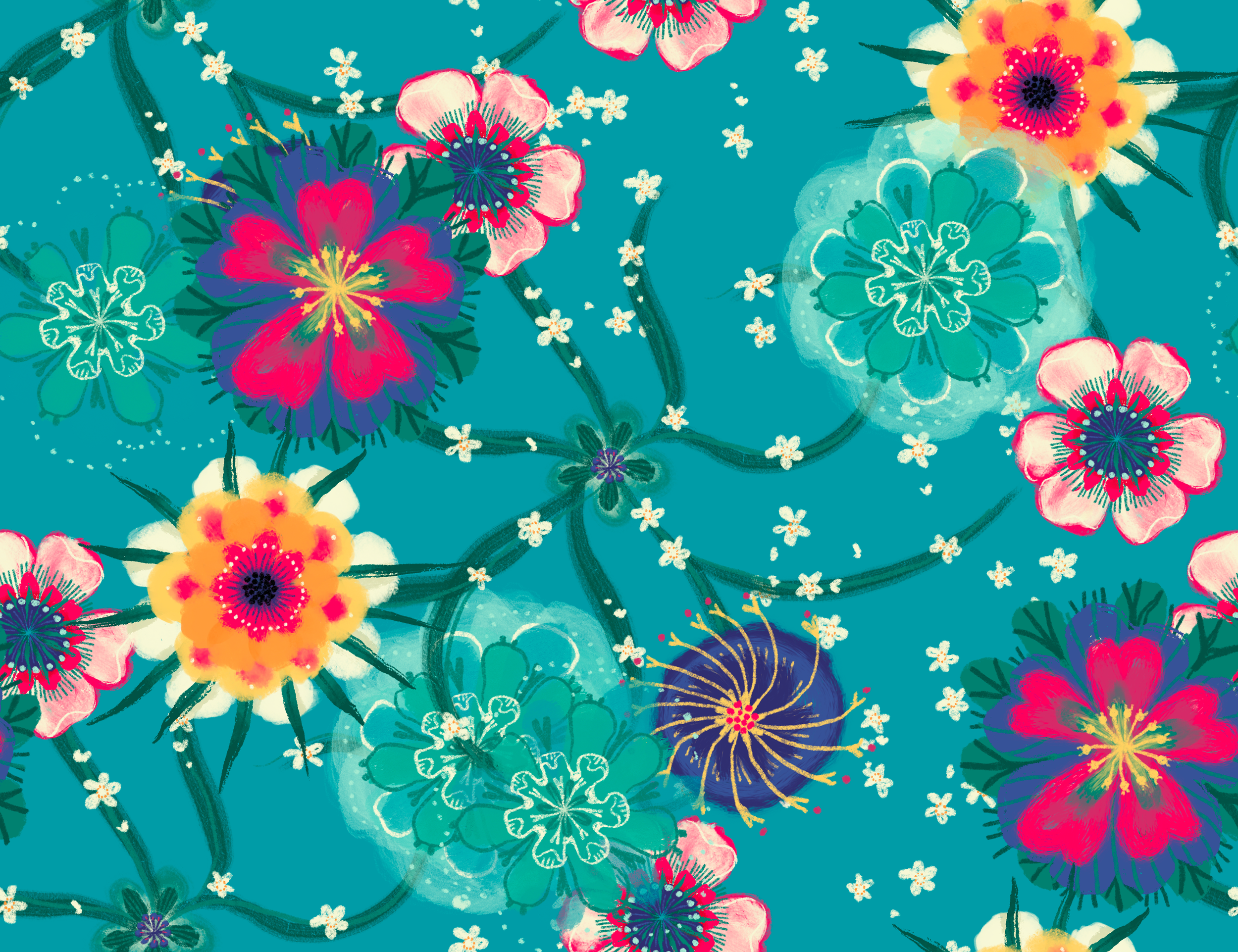 Bright, colorful floral pattern with various stylized flowers, small white blossoms, and falling petals on a turquoise background.