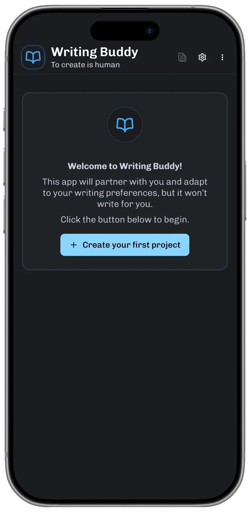 App welcome screen invites a writer to create their first project.