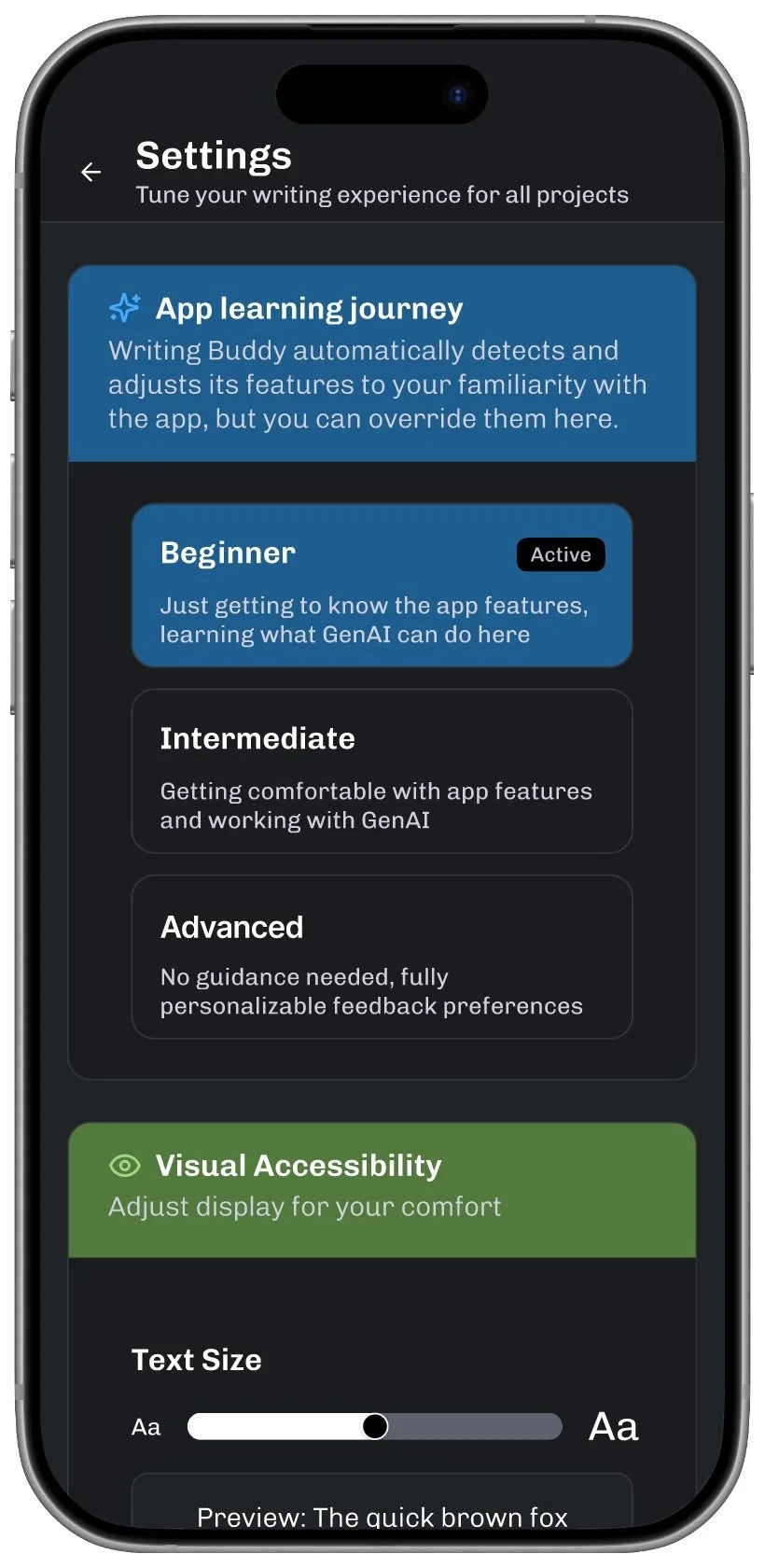 Mobile app settings screen