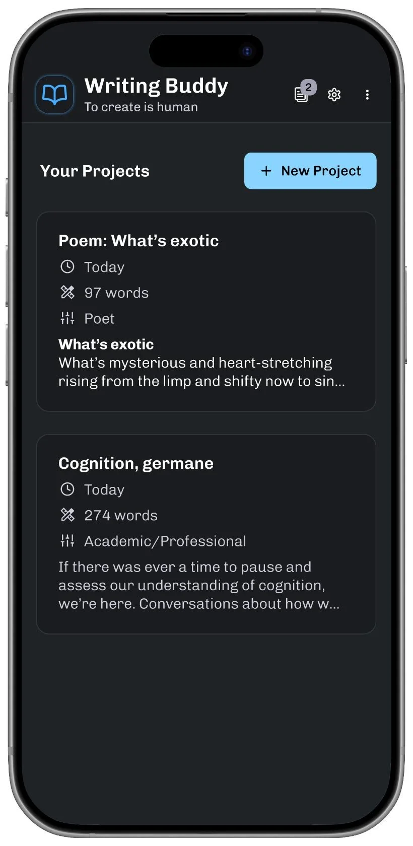 Home screen now shows two active projects with details like date and word count.