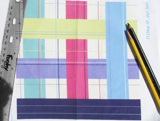 Palette test swatch on fabric with thick and thin bands of overlaying colors
