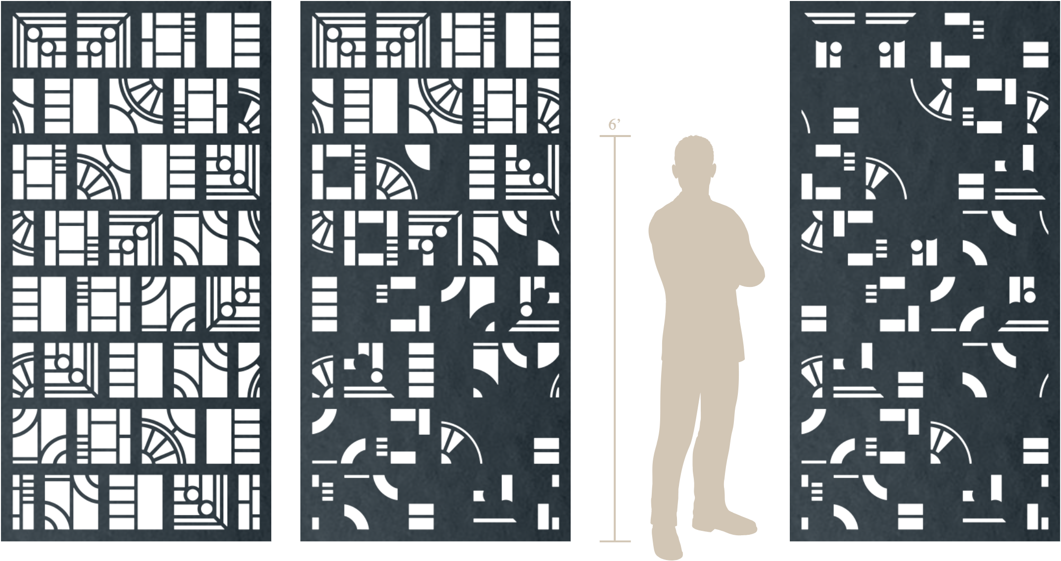 Illustration of three 8-foot-tall architectural panels with cut out geometric shapes to let light and air through.