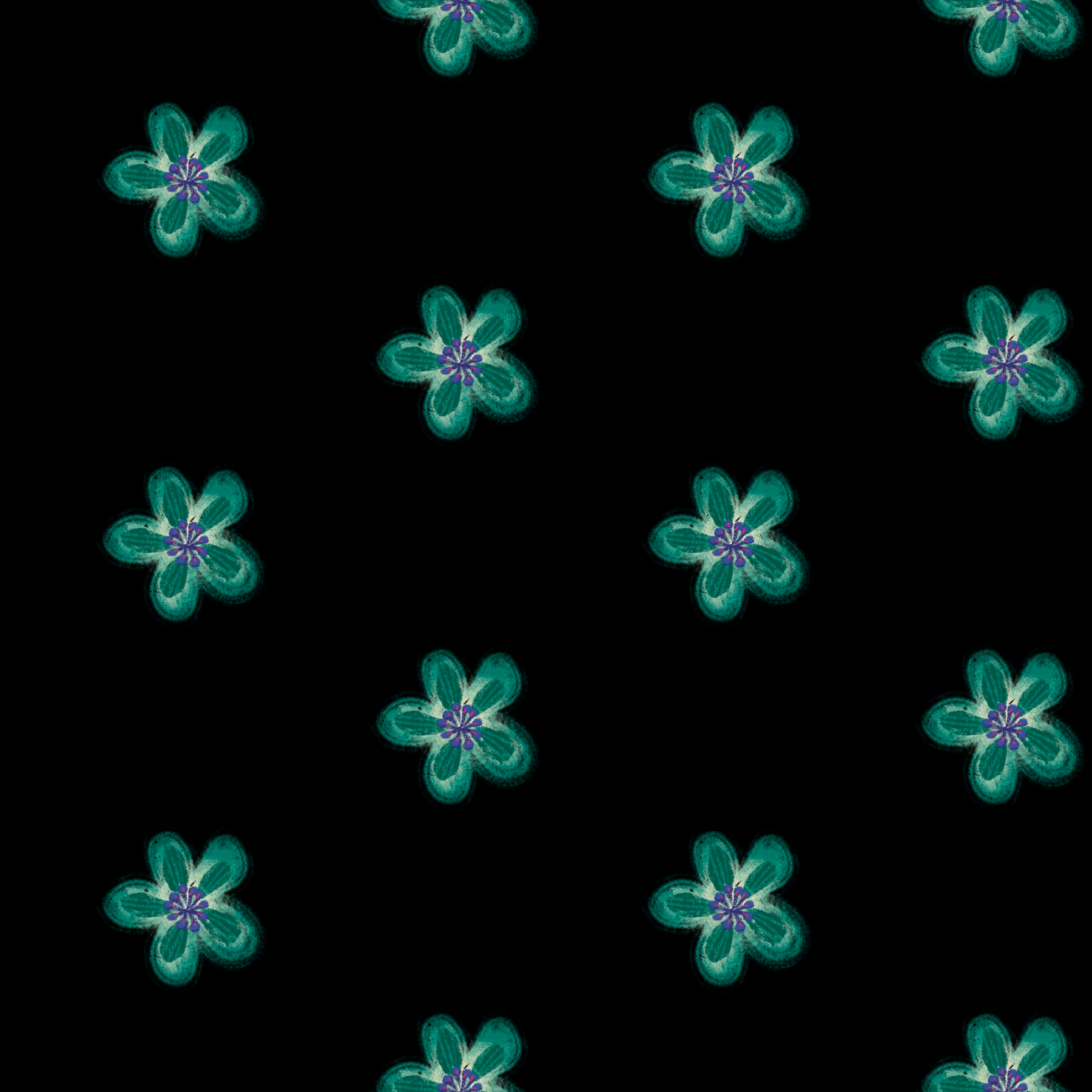 Pattern of glowing turquoise flowers with purple centers on a black background.