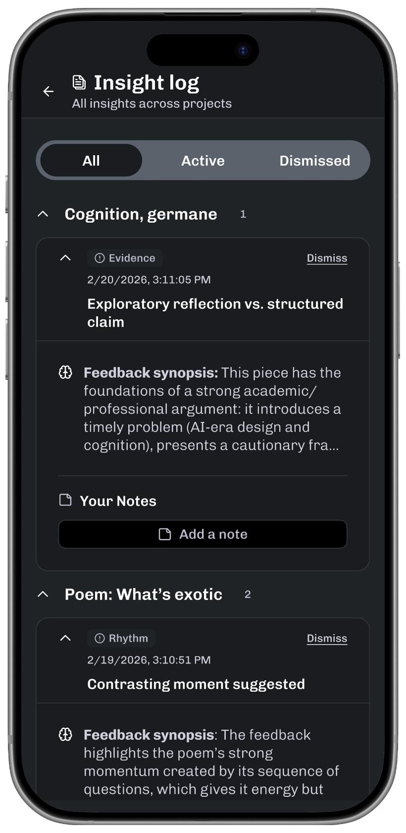 Mobile screen showing a history of feedback to the writer's project. There is space for the writer's notes and options to dismiss an item from the list.