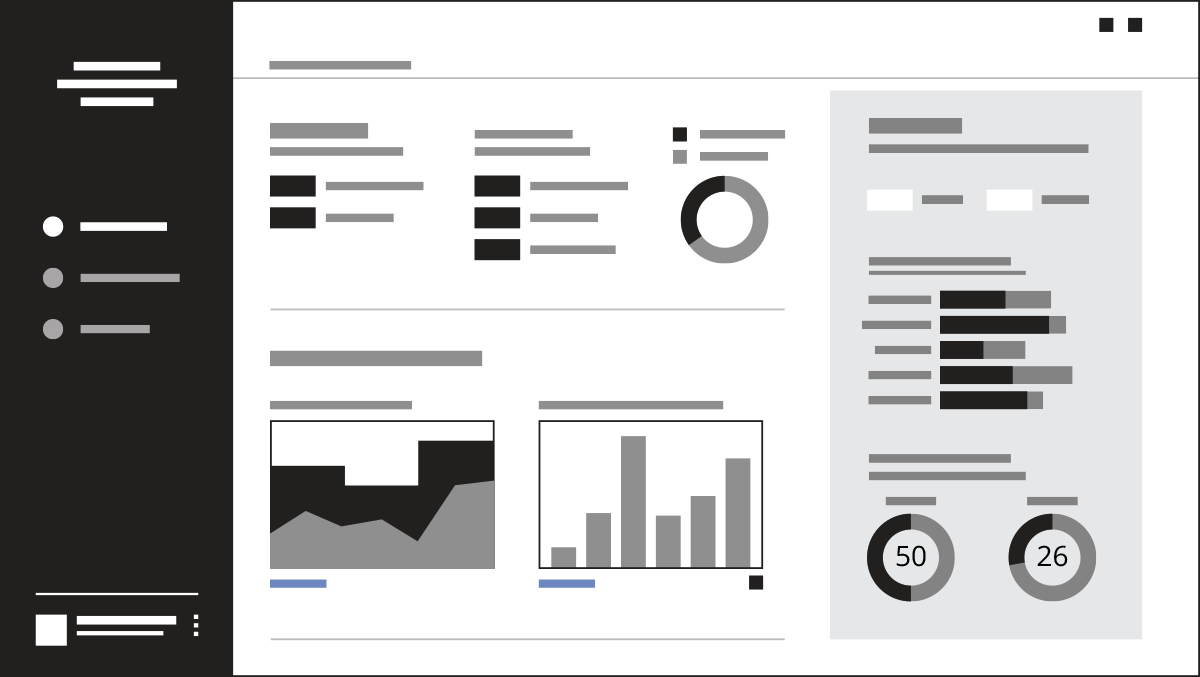 Wireframe of a business portal landing page, showing an arrangement of dashboard-style widgets.