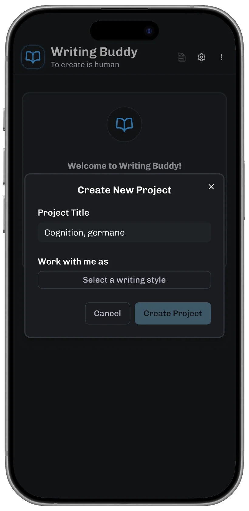 Overlay prompts writer to begin a new project by providing a title and selecting a writing style.