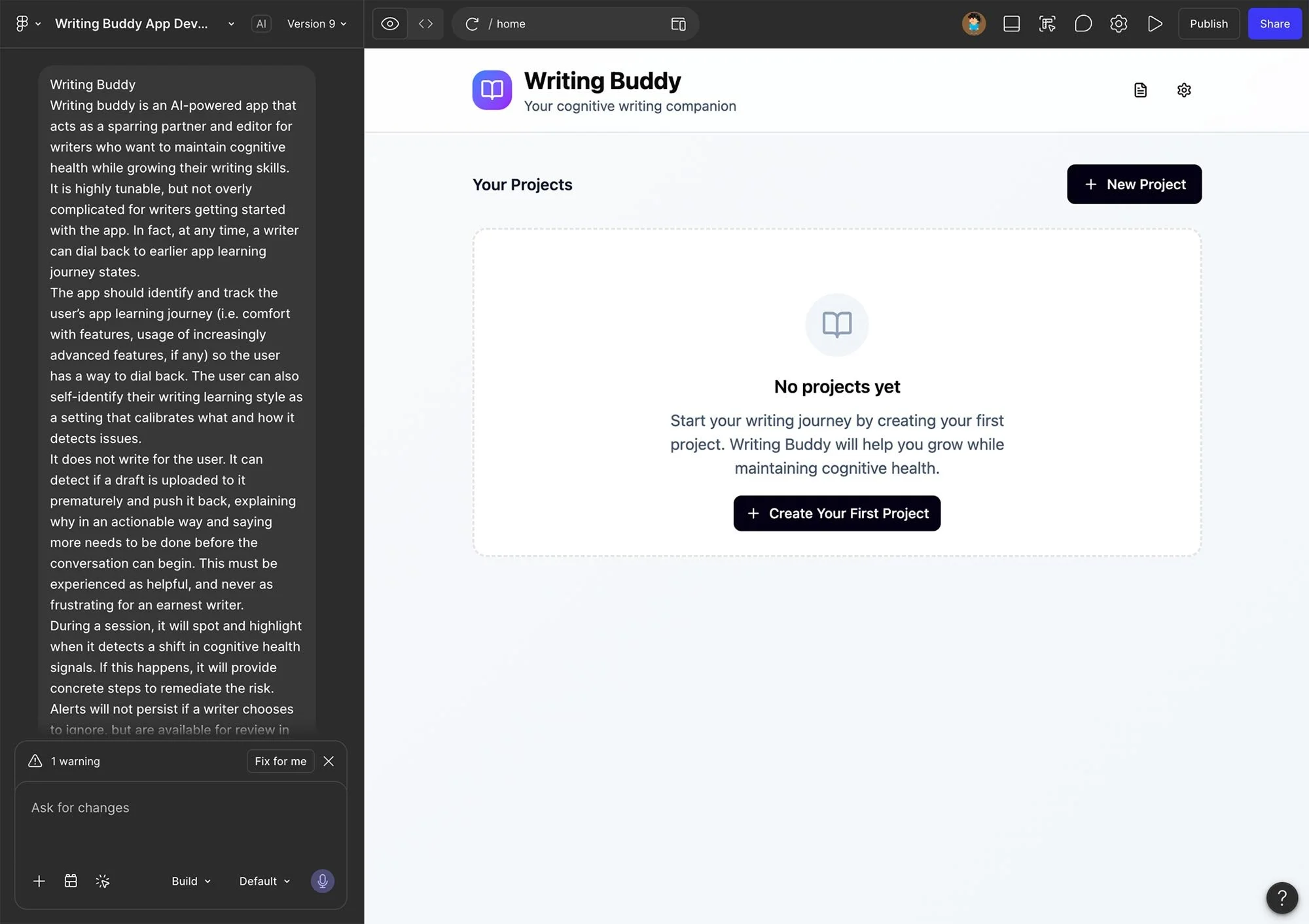 Figma app screen showing a version of the application and a part of my brief.