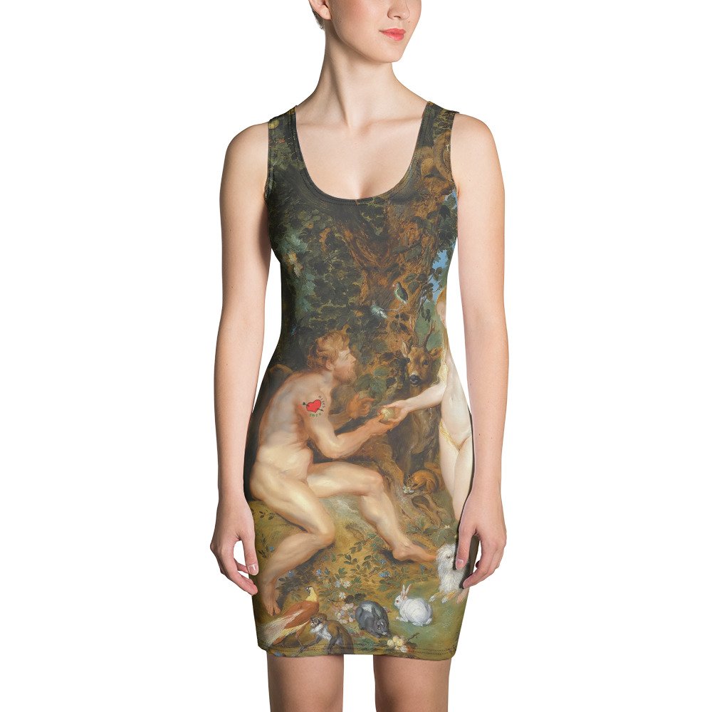 Woman wearing a pencil dress with a design depicting Adam and Eve in the Garden of Eden.
