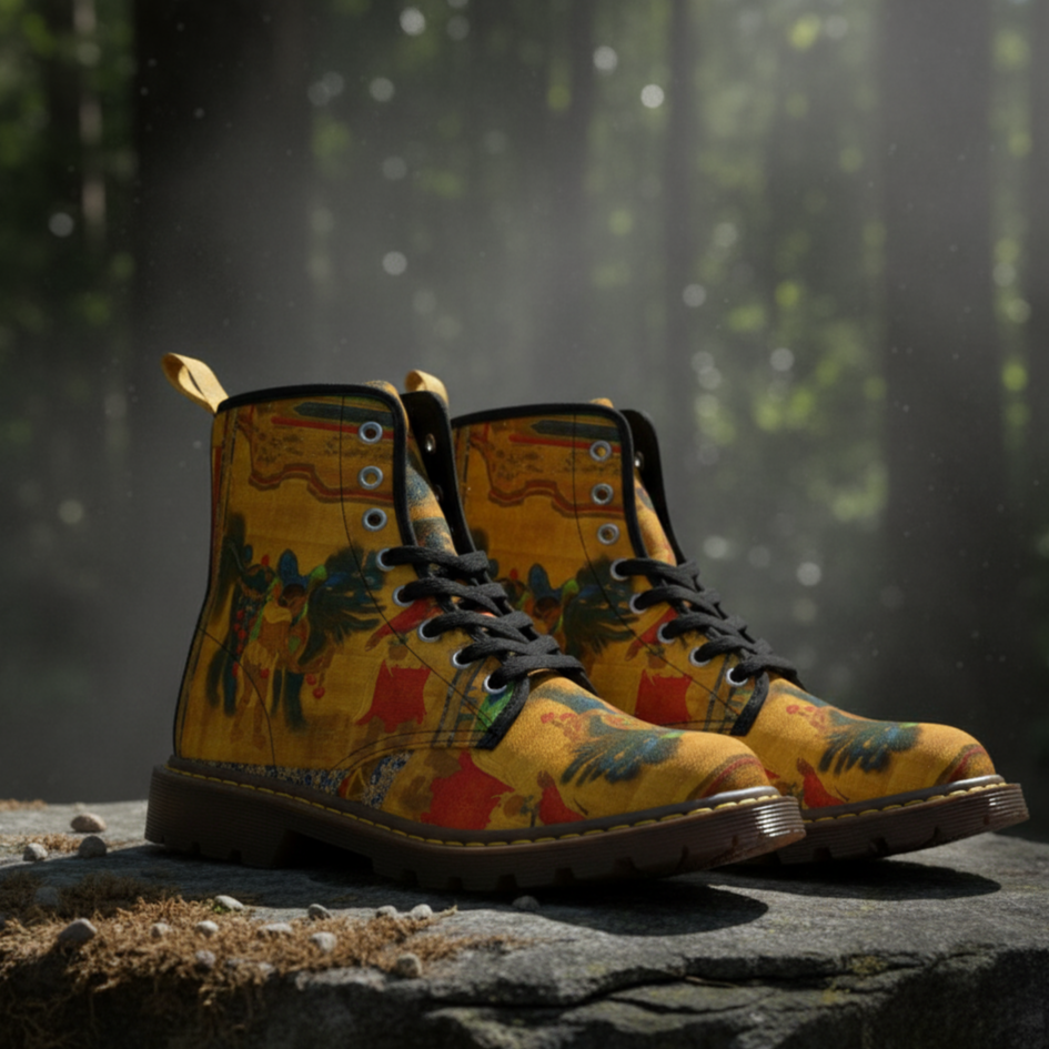 Pair of yellow camouflage boots with a nature scene pattern, placed outdoors on a rock.
