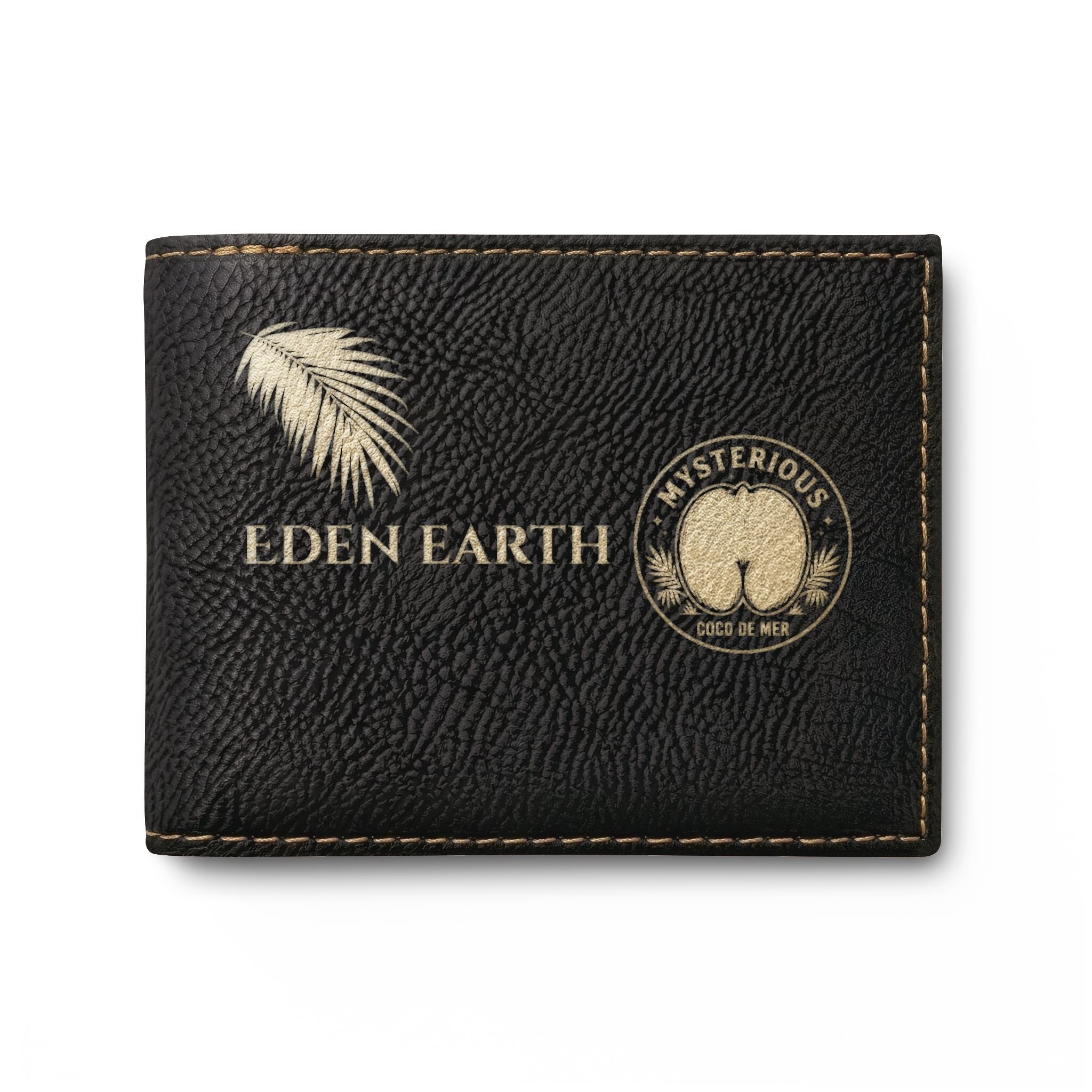 Eden Earth Coco De Mer RFID vegan leather bi-fold wallet in black featuring gold palm frond and circular seed seal engraving