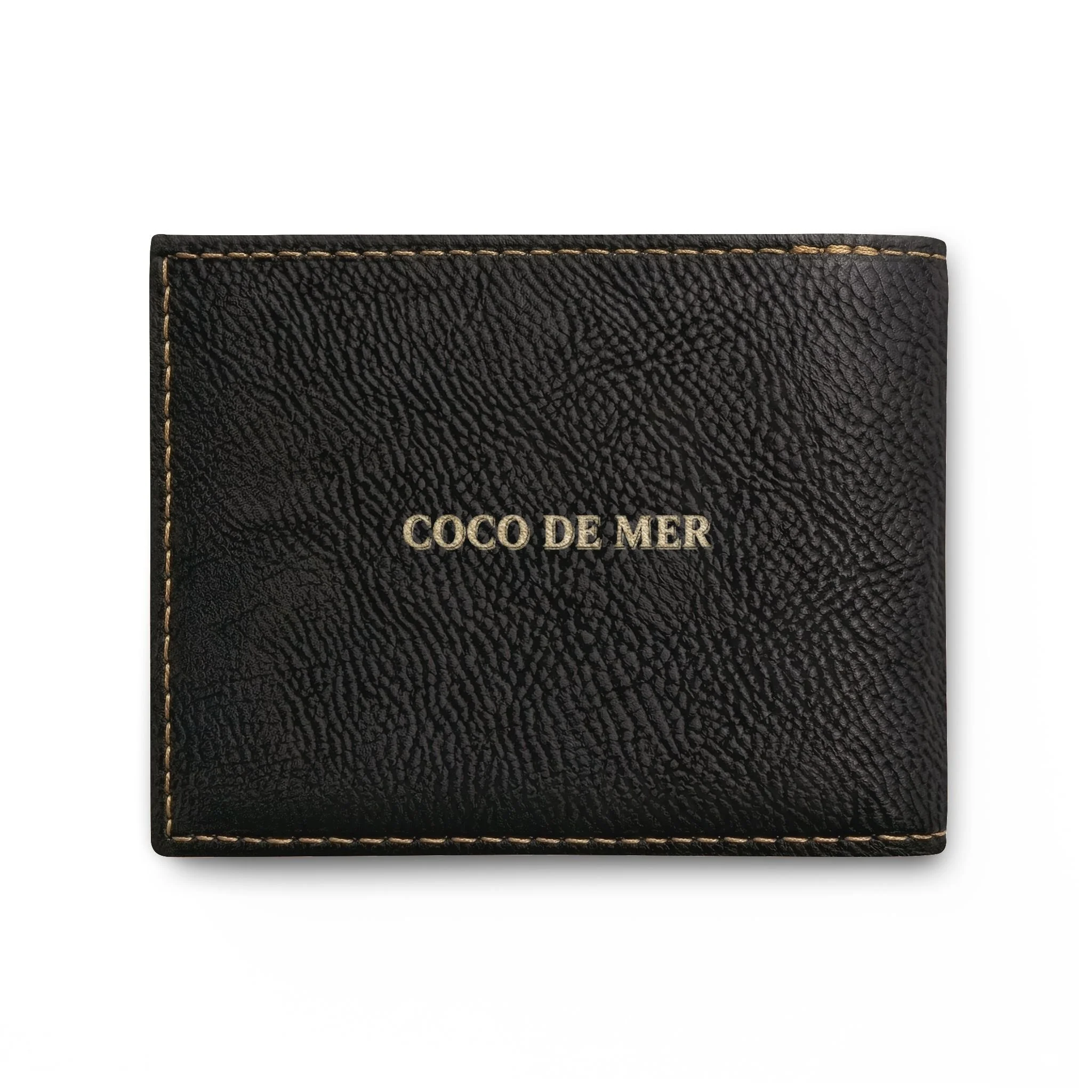 Back panel of Eden Earth black vegan leather bi-fold wallet with subtle gold Coco De Mer text and contrast perimeter stitching