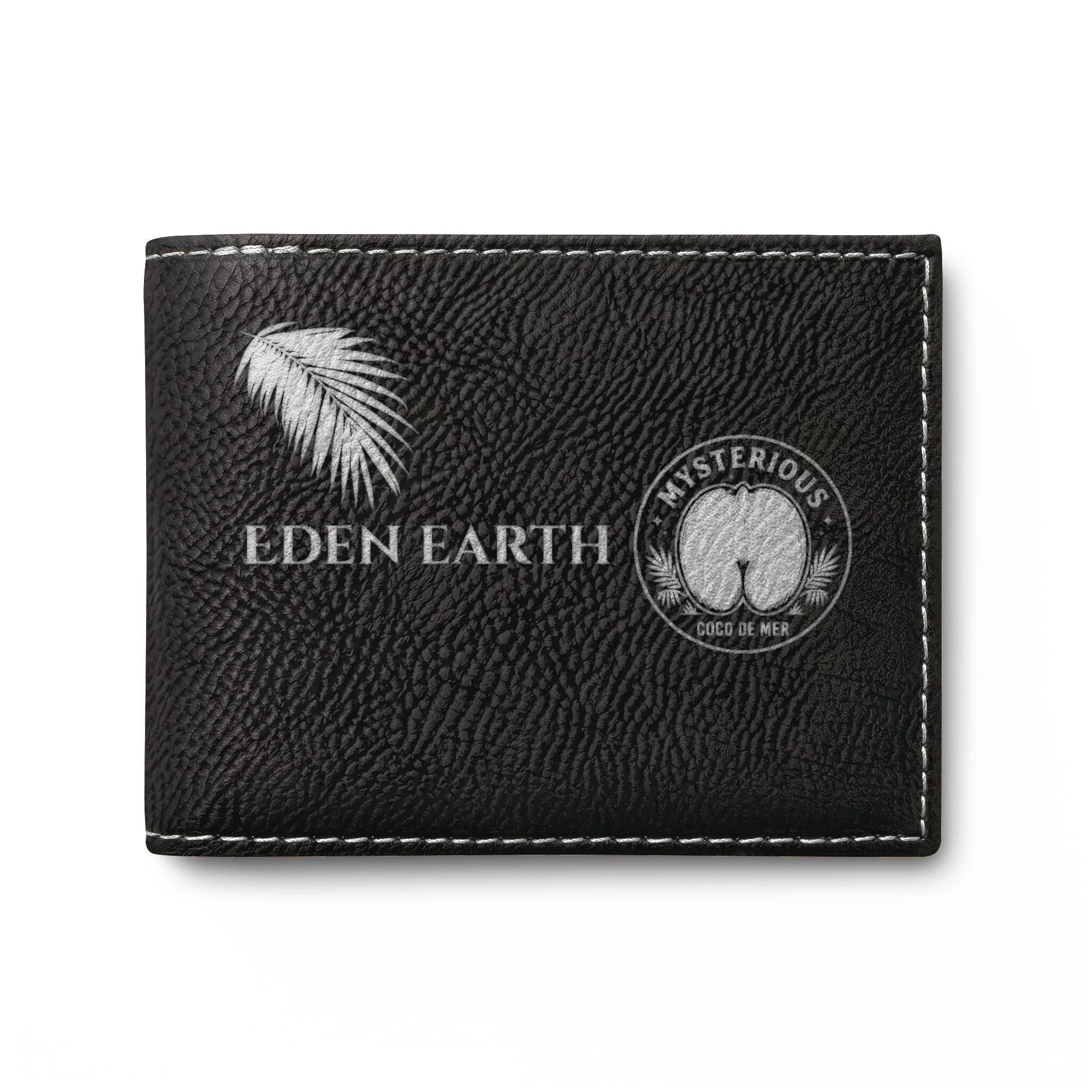 Back panel of Eden Earth black vegan leather bi-fold wallet with subtle silver Coco De Mer text and contrast perimeter stitching