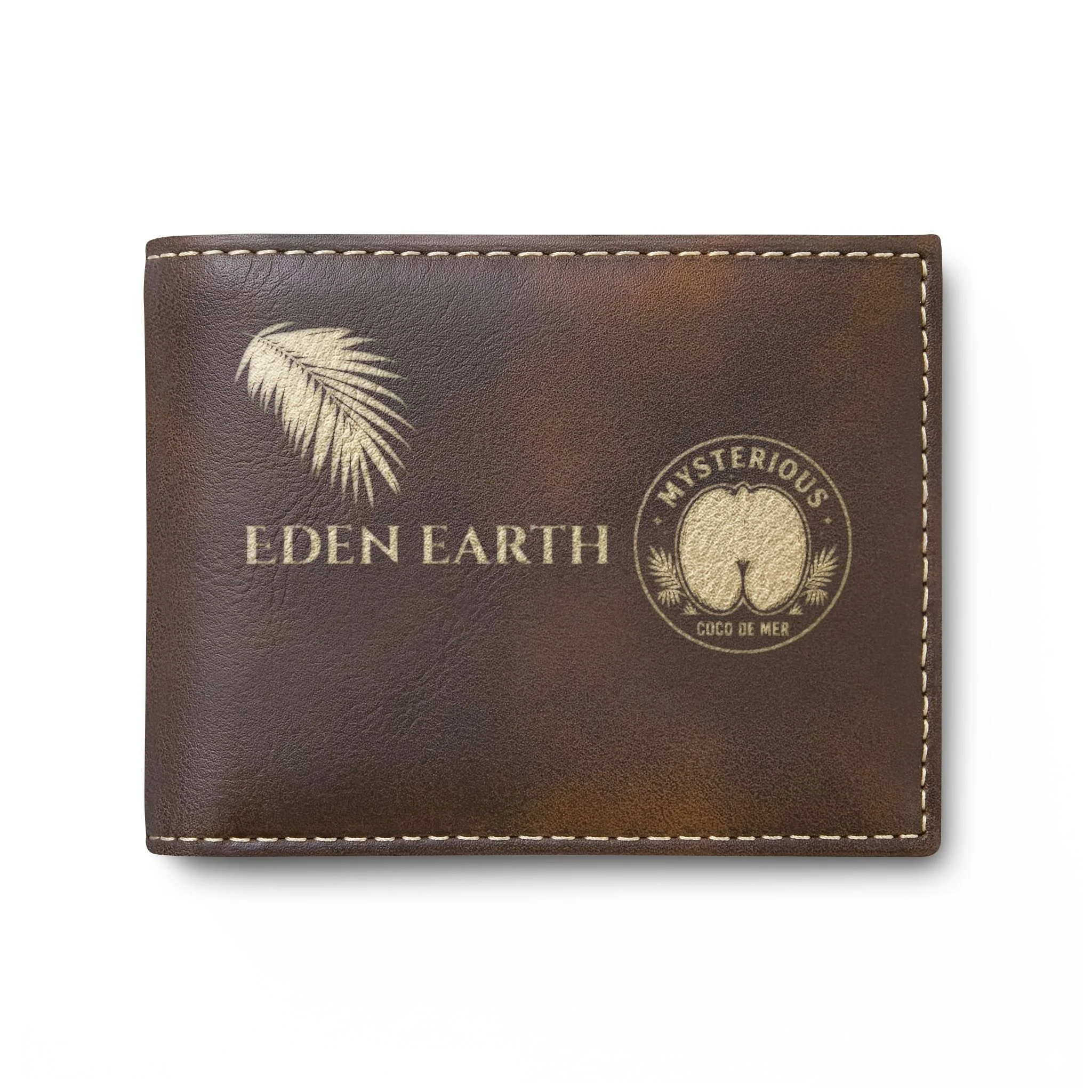 Eden Earth Coco De Mer RFID vegan leather bi-fold wallet in rustic gold featuring gold palm frond and circular seed seal engraving