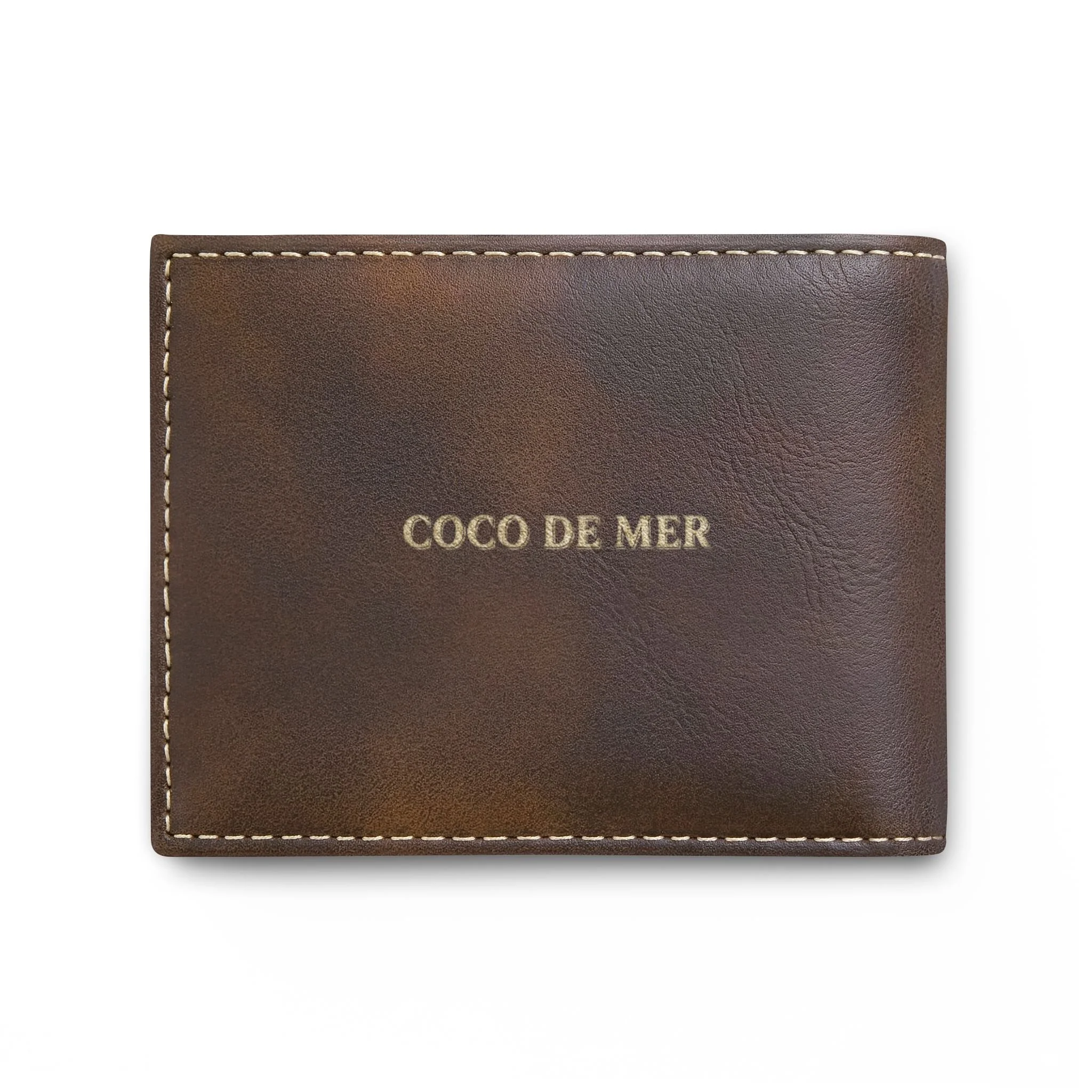 Back panel of Eden Earth rustic gold vegan leather bi-fold wallet with subtle gold Coco De Mer text and contrast perimeter stitching