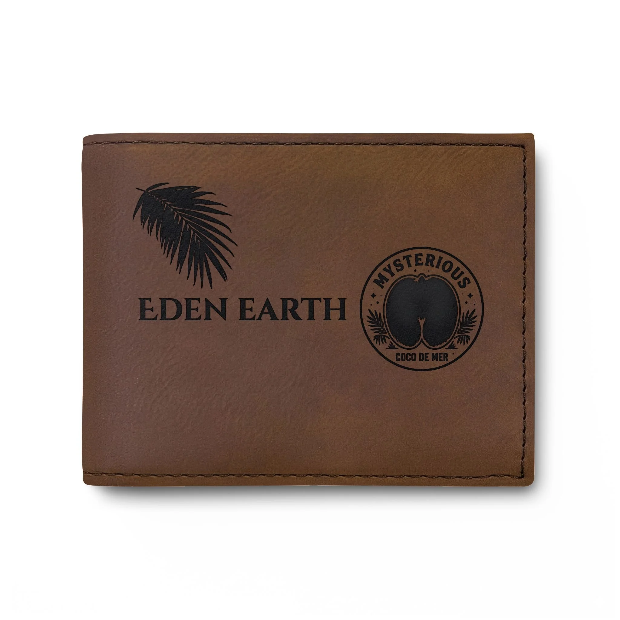 Eden Earth Coco De Mer RFID vegan leather bi-fold wallet in dark brown featuring black palm frond and circular seed seal engraving