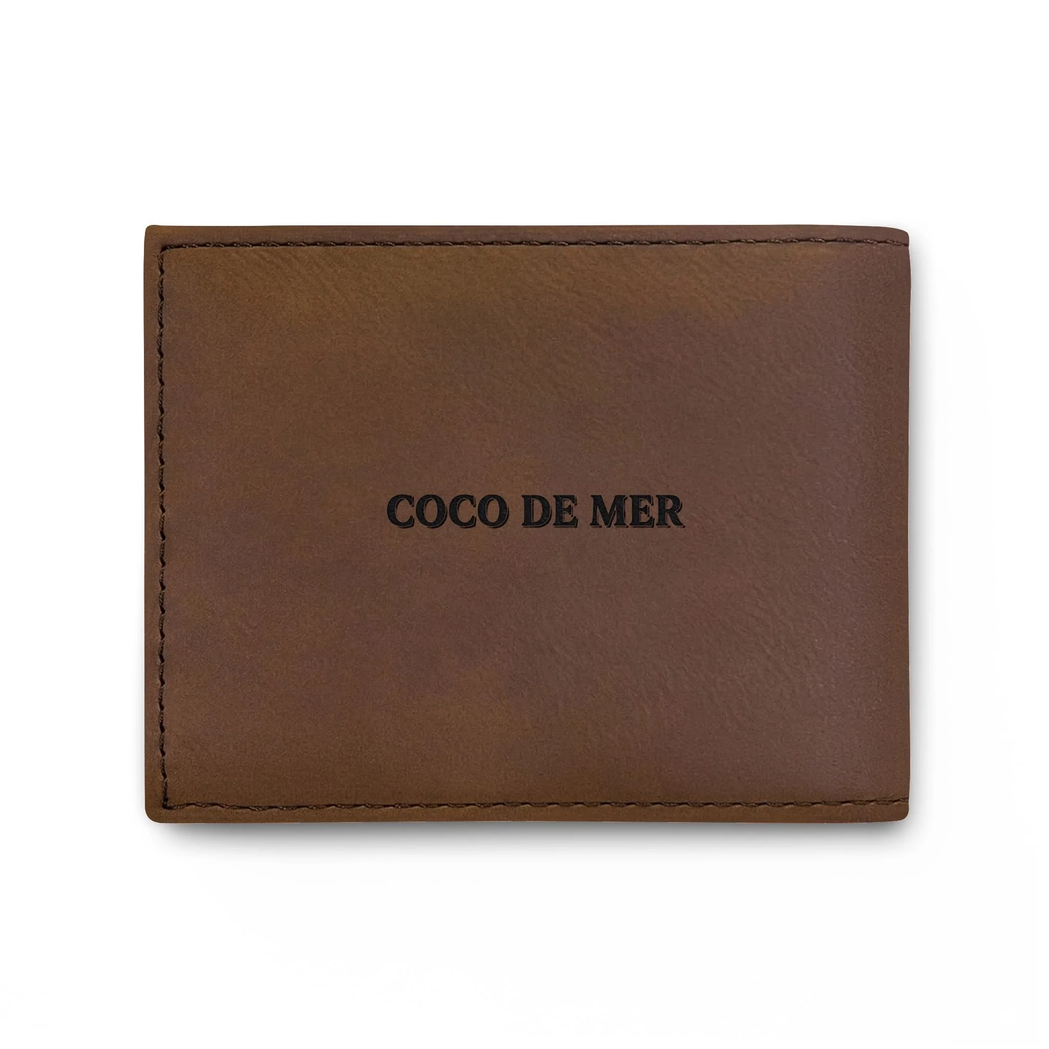 Back panel of Eden Earth dark brown vegan leather bi-fold wallet with subtle black Coco De Mer text and contrast perimeter stitching