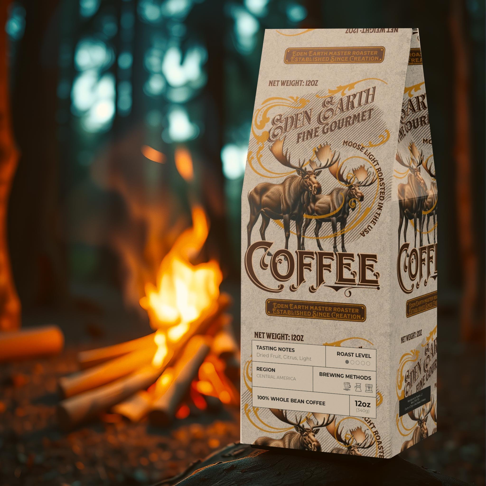 A carton of moose coffee with an illustration of two moose, by a forest campfire at night.