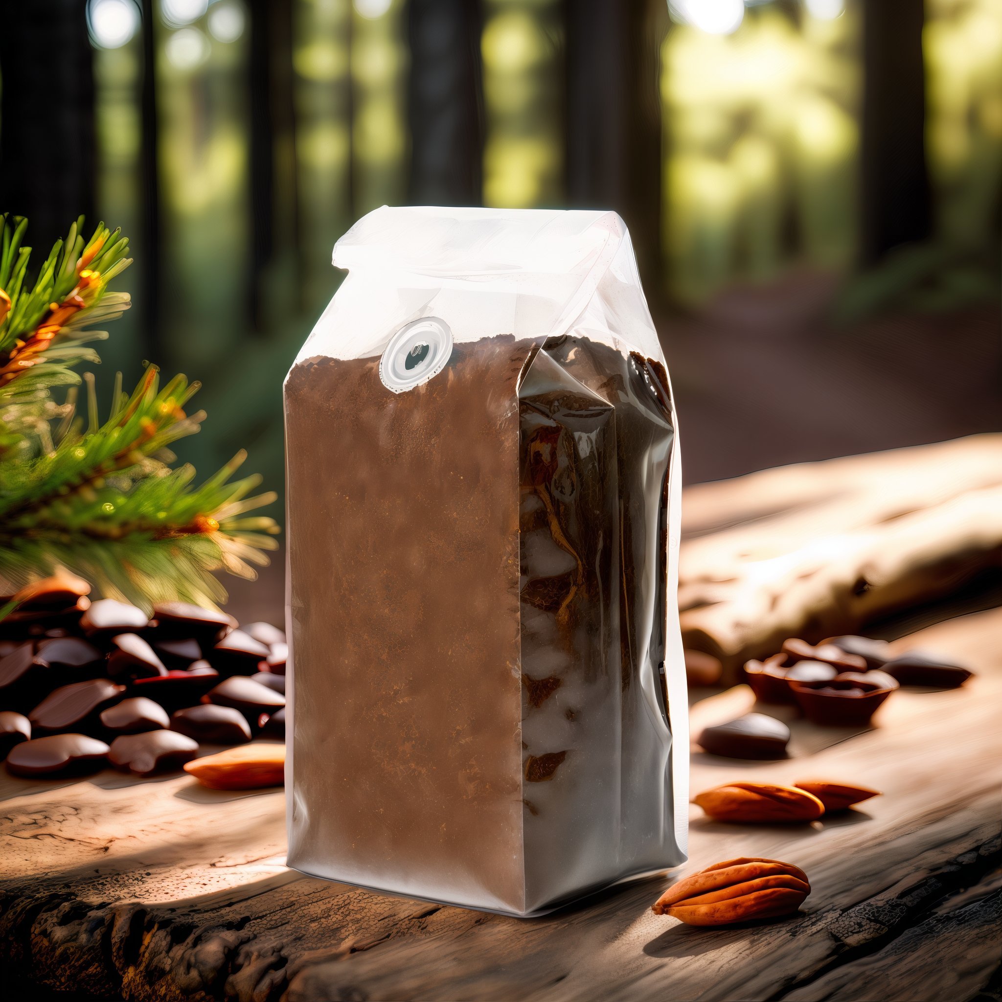 A transparent packet of ground coffee beans perched on a log table with nuts, artisan chocolate and almonds in front of a pine forest.
