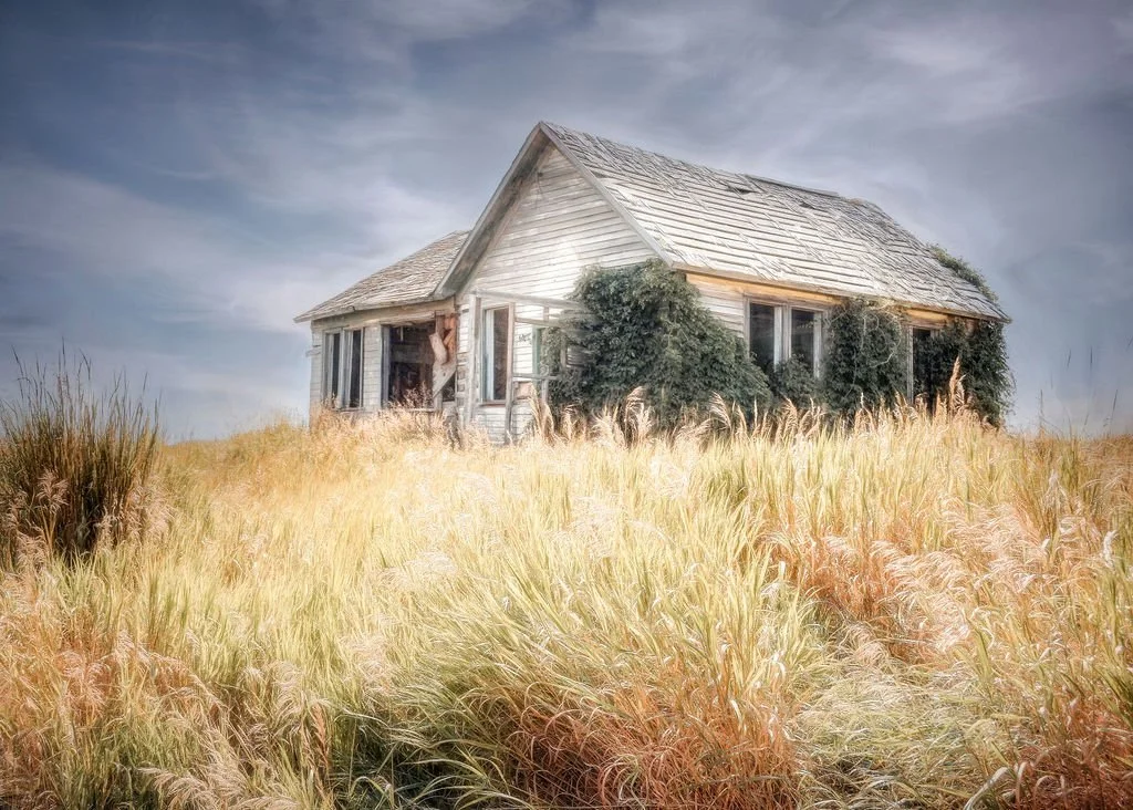 ABANDONED FARMHOUSE ON A HILL OVERTAKEN BY VINES IN A FIELD OF TALL GRASS UNDER A MOODY SKY