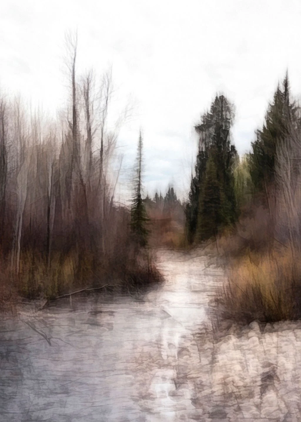 ABSTRACT WINTER RIVER SCENE WITH PINE TREES