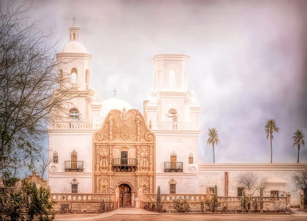 MISSION SAN XAVIER DEL BAC PHOTO WITH SPANISH COLONIAL ARCHITECTURE AND DESERT LANDSCAPE IN TUCSON, ARIZONA