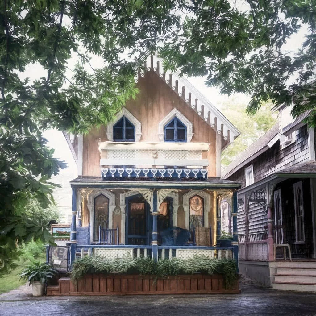WHIMSICAL VICTORIAN GINGERBREAD COTTAGE PHOTO WITH COLORFUL TRIM IN MARTHA’S VINEYARD
