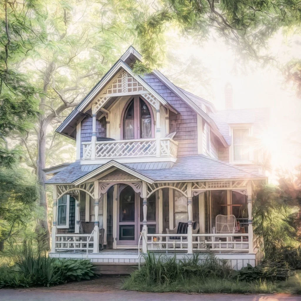 ELEGANT VICTORIAN GINGERBREAD COTTAGE PHOTO WITH WRAPAROUND PORCH AND SUNLIGHT IN MARTHA’S VINEYARD