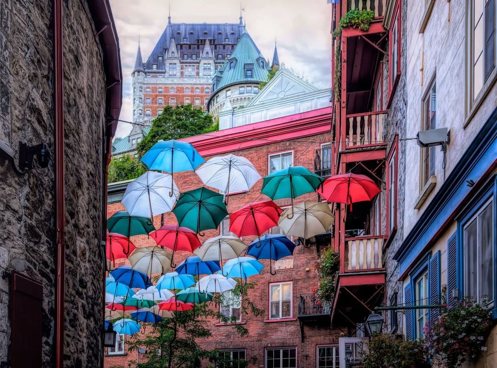 COLORFUL UMBRELLAS IN QUEBEC CITY, CANADA