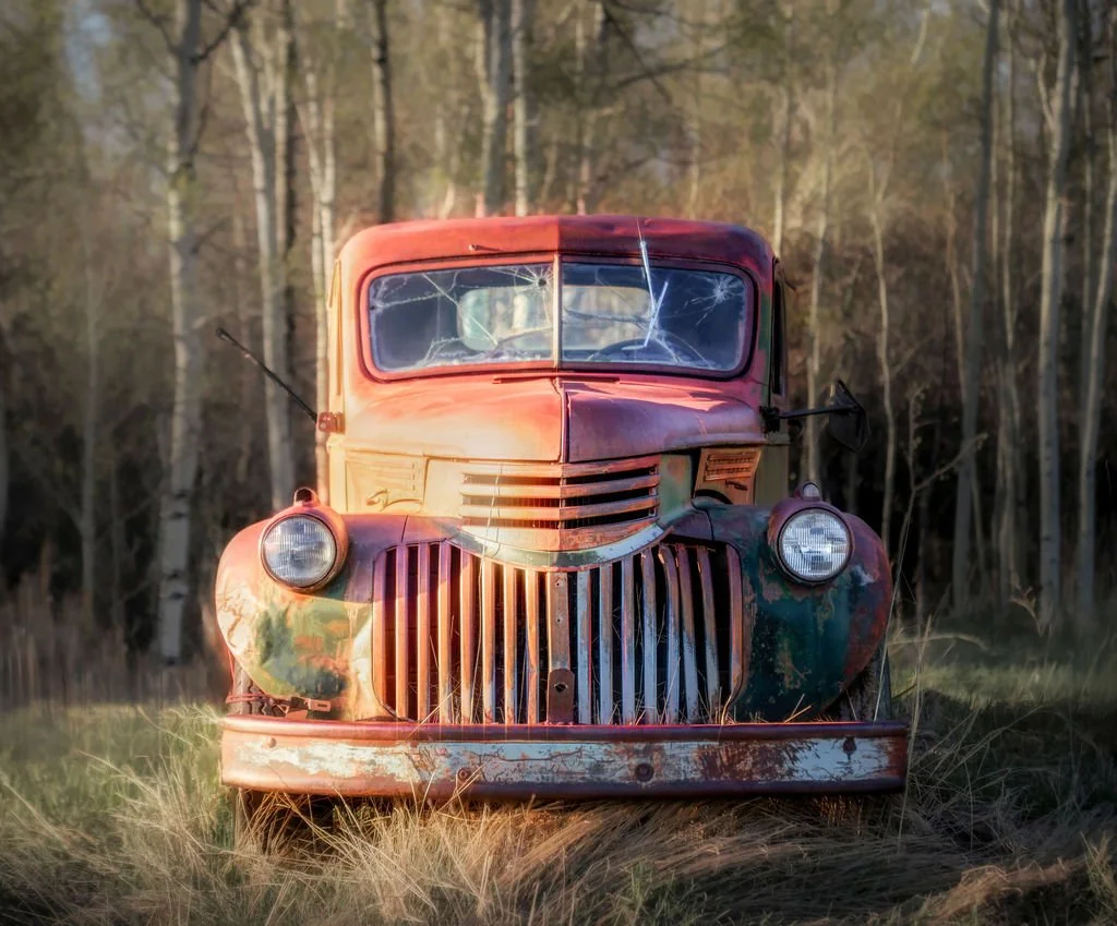 A VINTAGE TRUCK RESTING AMONG TALL GRASSES