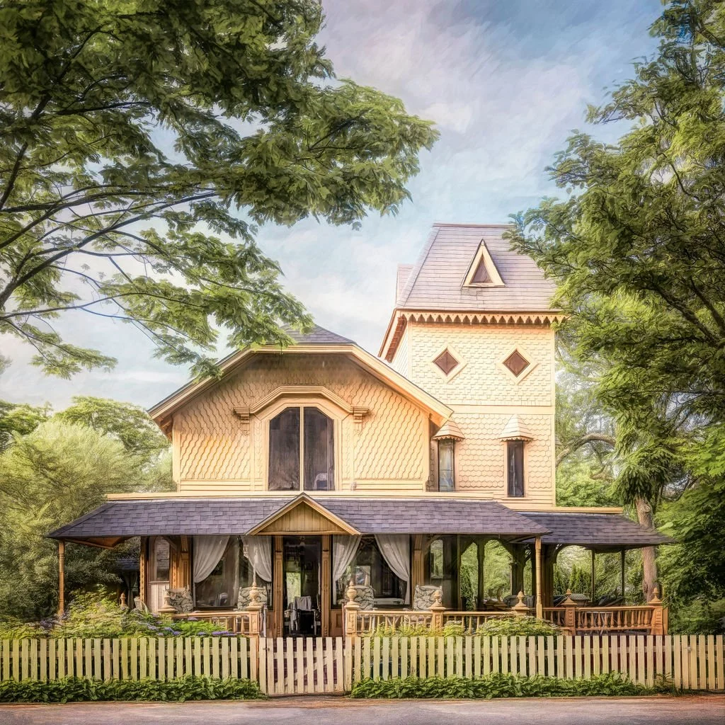 HISTORIC VICTORIAN COTTAGE PHOTO WITH TOWER AND WRAPAROUND PORCH IN MARTHA’S VINEYARD