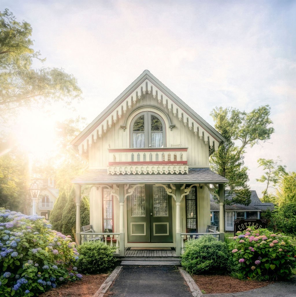PICTURESQUE VICTORIAN COTTAGE PHOTO WITH ORNATE TRIM AND HYDRANGEAS IN MARTHA’S VINEYARD