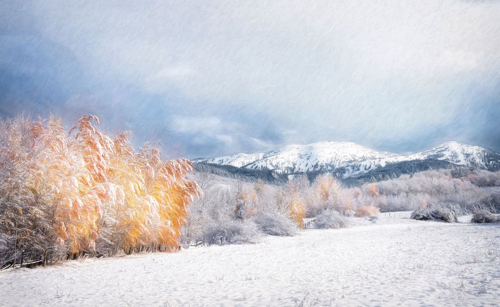 SNOW-COVERED GRAND TARGHEE MOUNTAIN FROM ALTA, WYOMING AND FROSTED AUTUMN TREES IN THE SUNLIGHT 