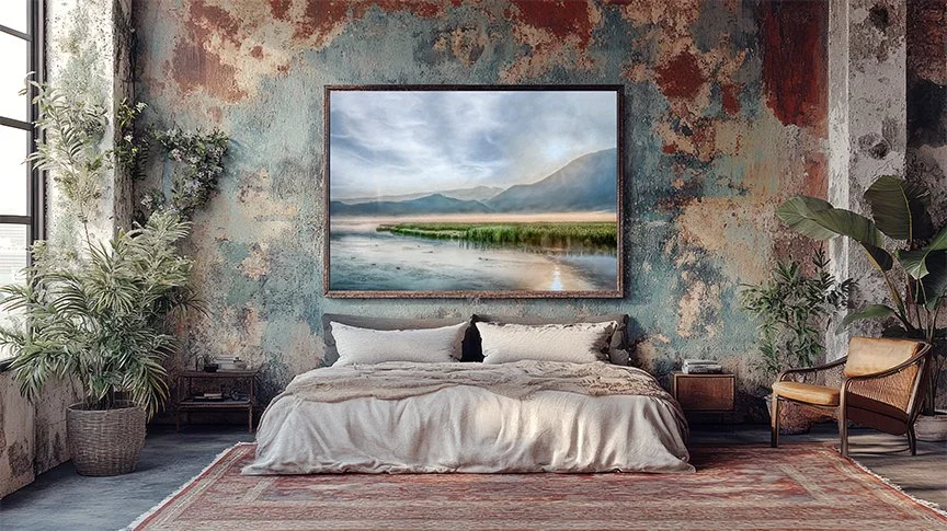 LOFT BEDROOM WITH TEXTURED WALLS, NEUTRAL BEDDING, AND SERENE LANDSCAPE WALL ART DISPLAYED ABOVE THE BED WITH NATURAL LIGHT AND PLANTS