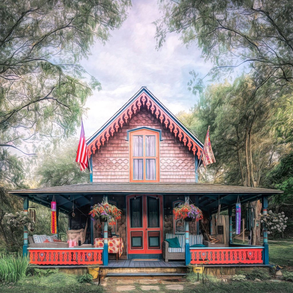 COLORFUL VICTORIAN GINGERBREAD COTTAGE PHOTO WITH AMERICAN FLAGS AND WRAPAROUND PORCH IN MARTHA’S VINEYARD