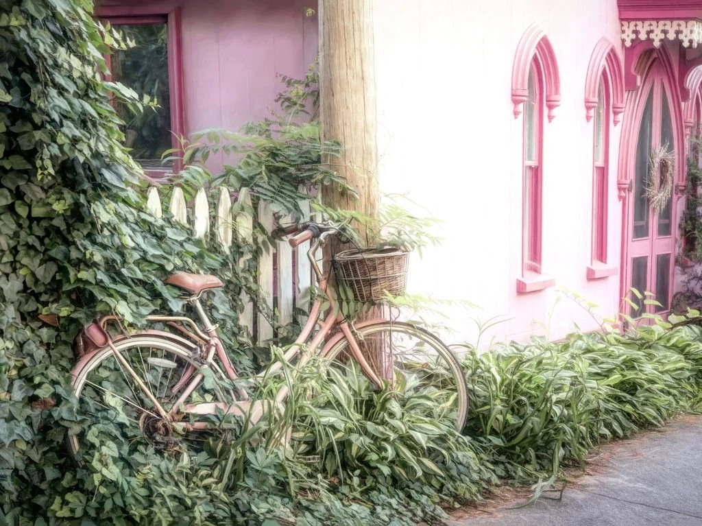 VINTAGE PINK BICYCLE LEANING AGAINST IVY-COVERED FENCE NEXT TO WHIMSICAL PINK VICTORIAN COTTAGE IN MARTHA’S VINEYARD