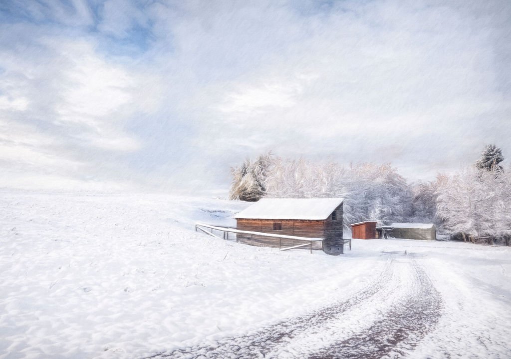 SNOW-COVERED FARM ROAD WITH BARNS AND FROSTED TREES – WINTER LANDSCAPE