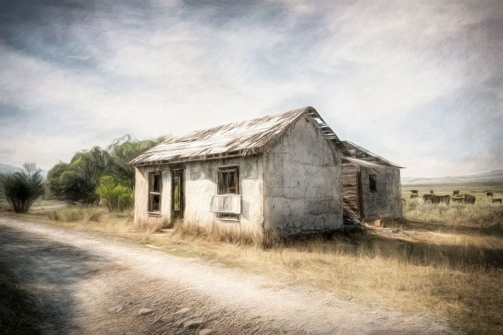 CRUMBLING MONTANA HOMESTEAD ALONG A DIRT ROAD UNDER A BRIGHT SKY