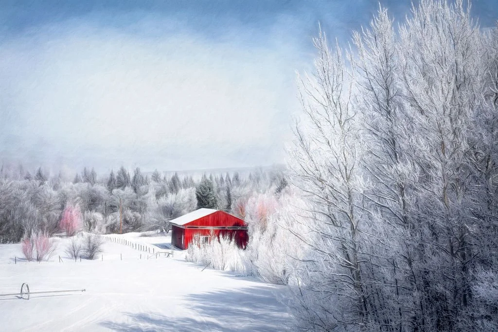 RED BARN IN SNOWY WYOMING LANDSCAPE WITH FROSTED TREES