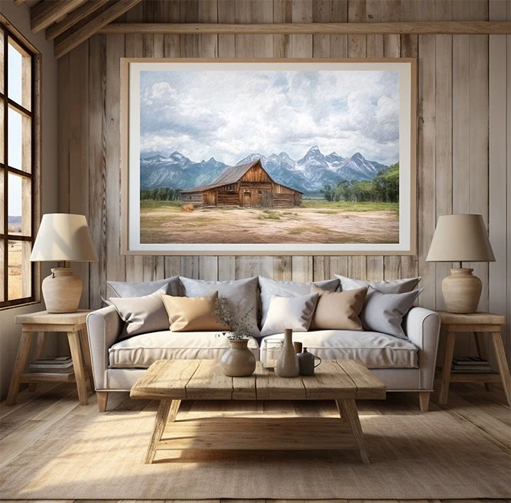 RUSTIC LIVING ROOM WITH LARGE WESTERN BARN WALL ART ABOVE SOFA AND NATURAL WOOD DECOR